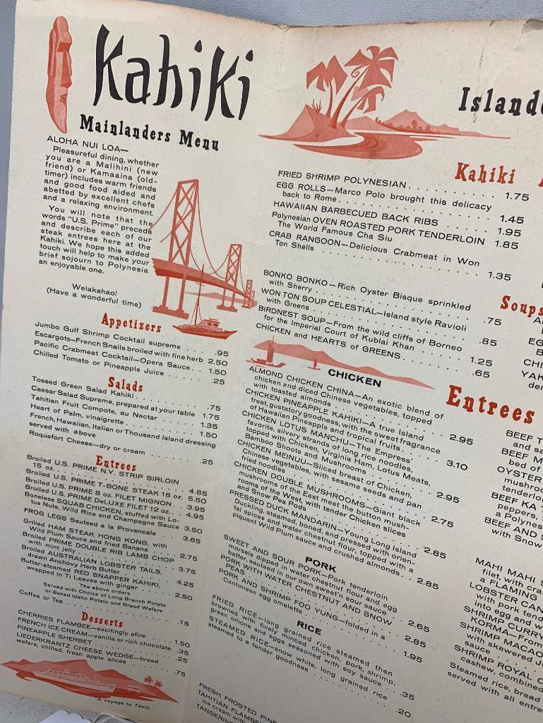 Vintage "Kahiki" Restaurant Menu-1960's Columbus, Ohio