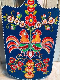 Hand Painted Folk Art Hanging Board W/Chickens (From Russia)