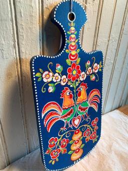 Hand Painted Folk Art Hanging Board W/Chickens (From Russia)
