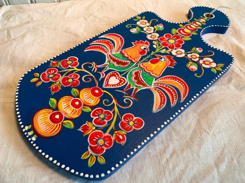 Hand Painted Folk Art Hanging Board W/Chickens (From Russia)