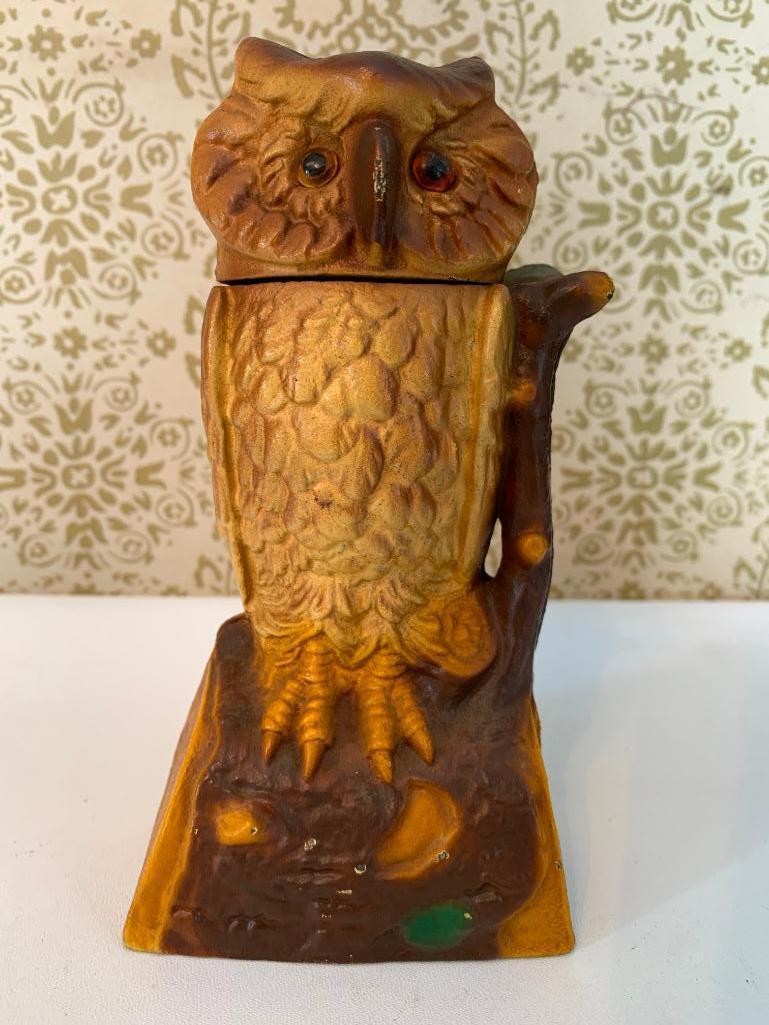 Cast Iron "Book Of Knowledge" Mechanical Owl Bank