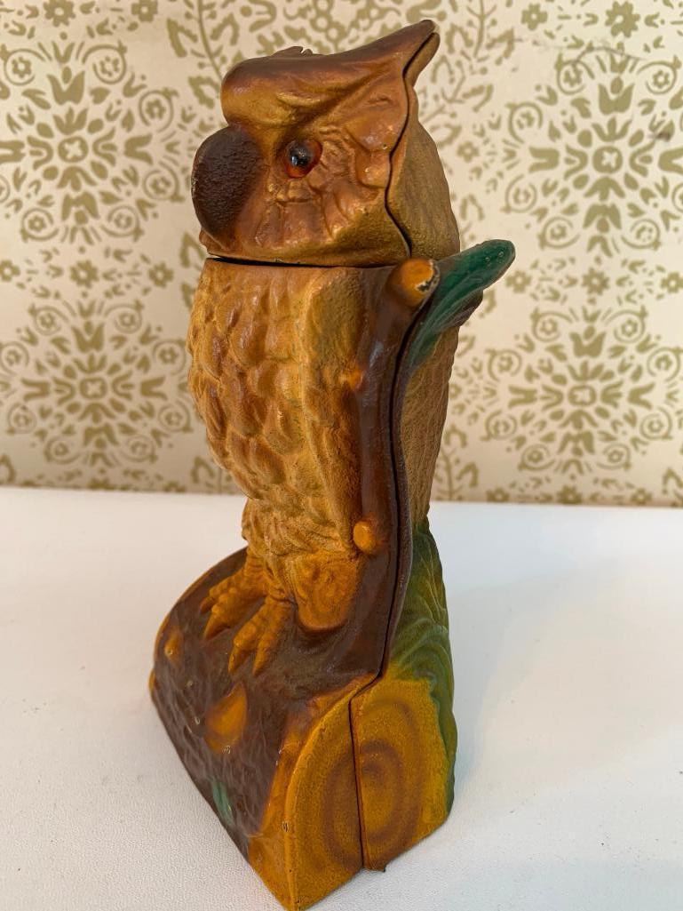 Cast Iron "Book Of Knowledge" Mechanical Owl Bank