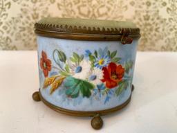 Vintage Hand Painted Porcelain Jewelry Box W/Lidded Glass Top