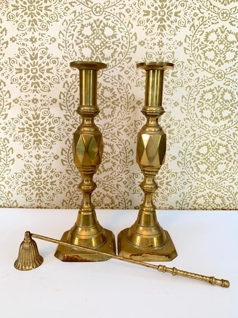 (2) Brass Candle Holder W/Brass Candle Snuffer