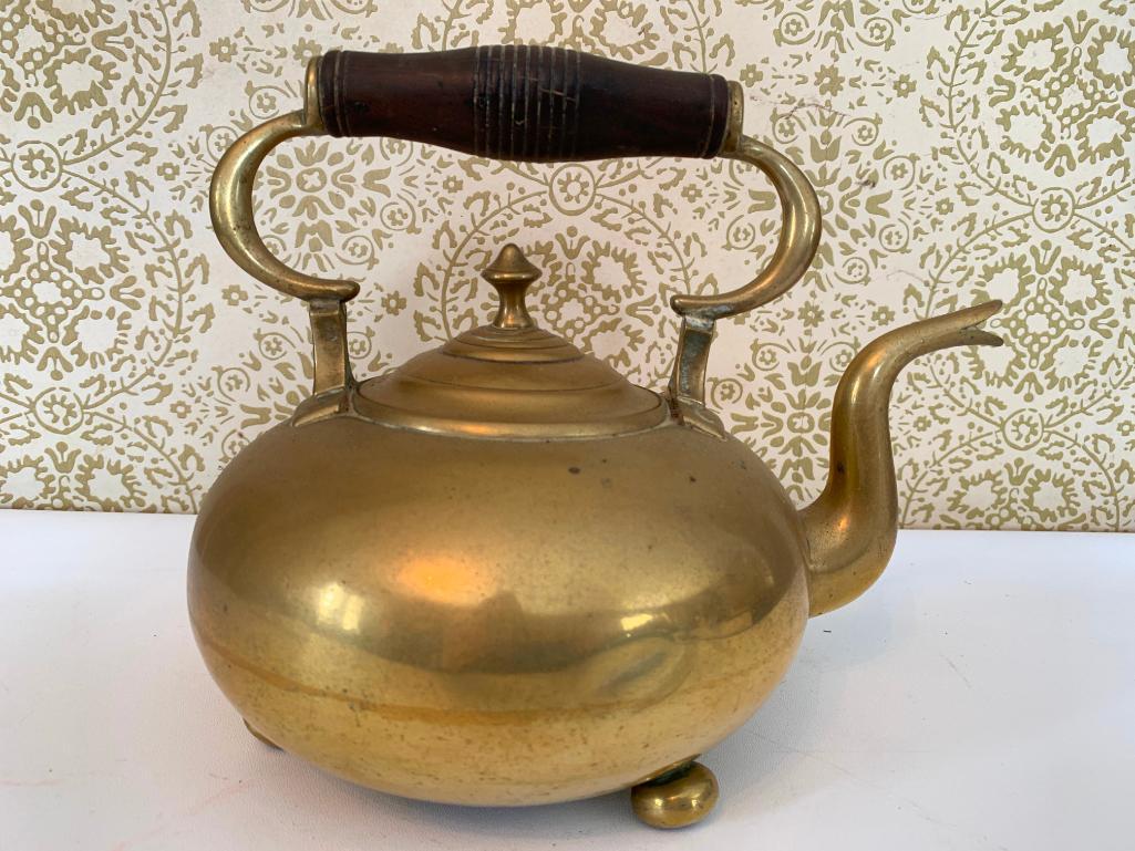 Nice Brass Footed Teapot W/Lid & Wooden Handle