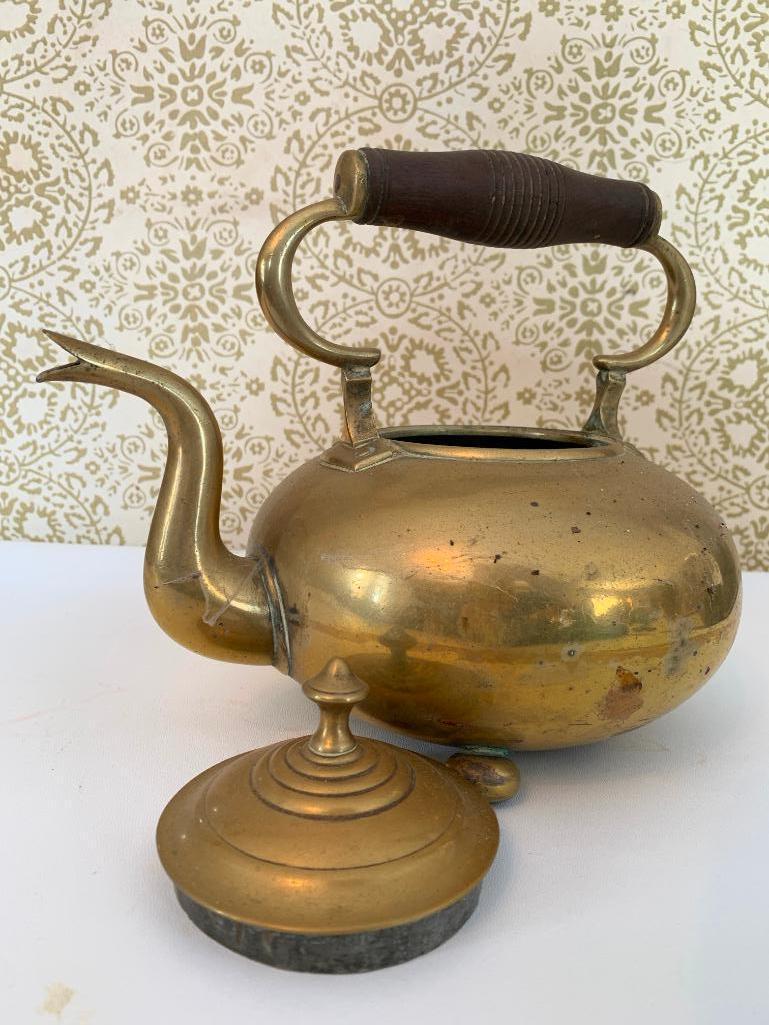 Nice Brass Footed Teapot W/Lid & Wooden Handle