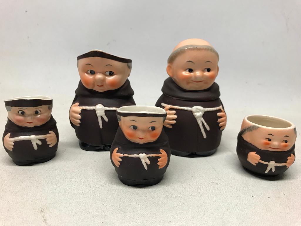 Goebel Figural "Friar Tuck" Cream & Sugar, (2) Tobies, & Tooth Pick Holder