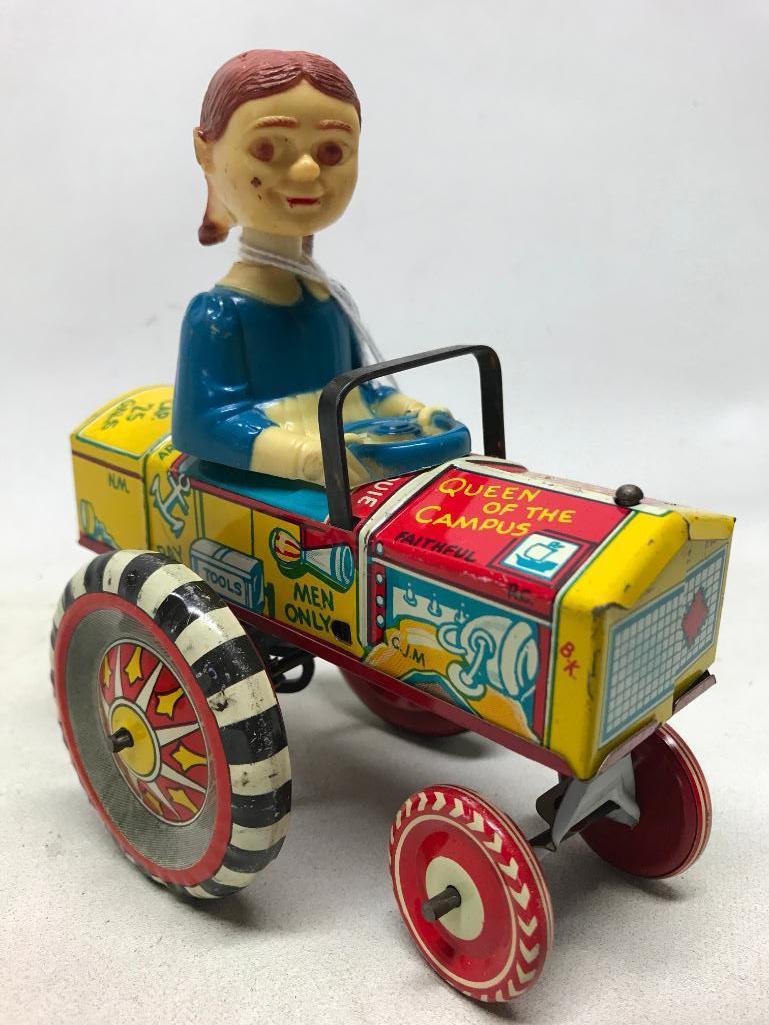 Vintage Linemar Tin Wind-Up Of Bobble Head Girl On Tractor