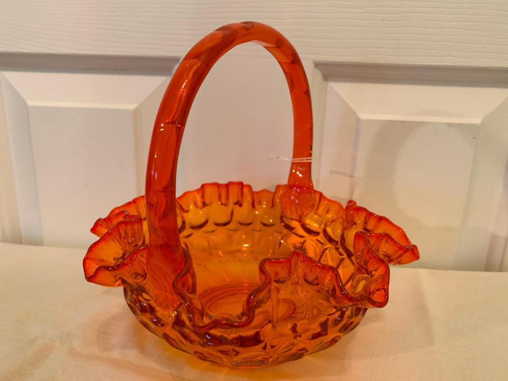 Vintage Glass Handled Basket W/Ruffled Edge