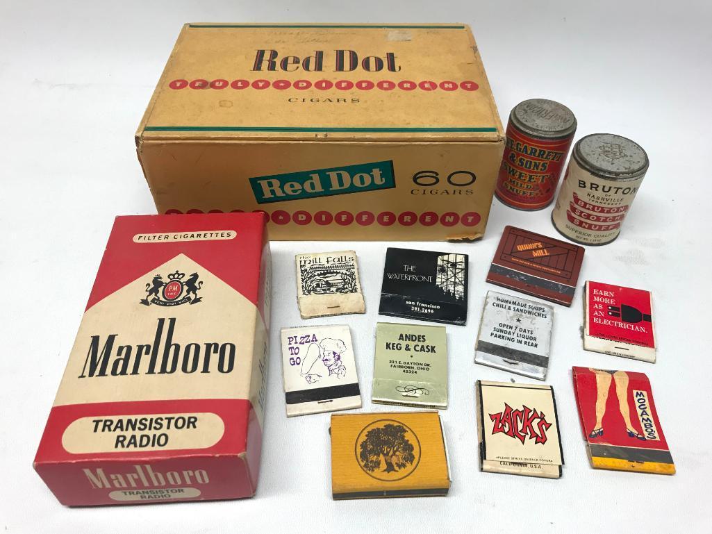 Tobacco Group: Red Dot Cigar Box & (2) Unopened Snuff Tins