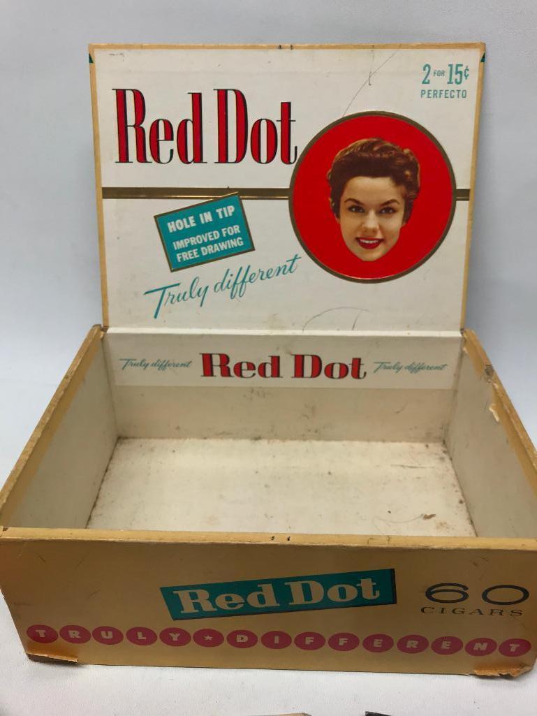 Tobacco Group: Red Dot Cigar Box & (2) Unopened Snuff Tins