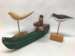 (2) Wooden Shore Birds & Folk Art Man In Canoe