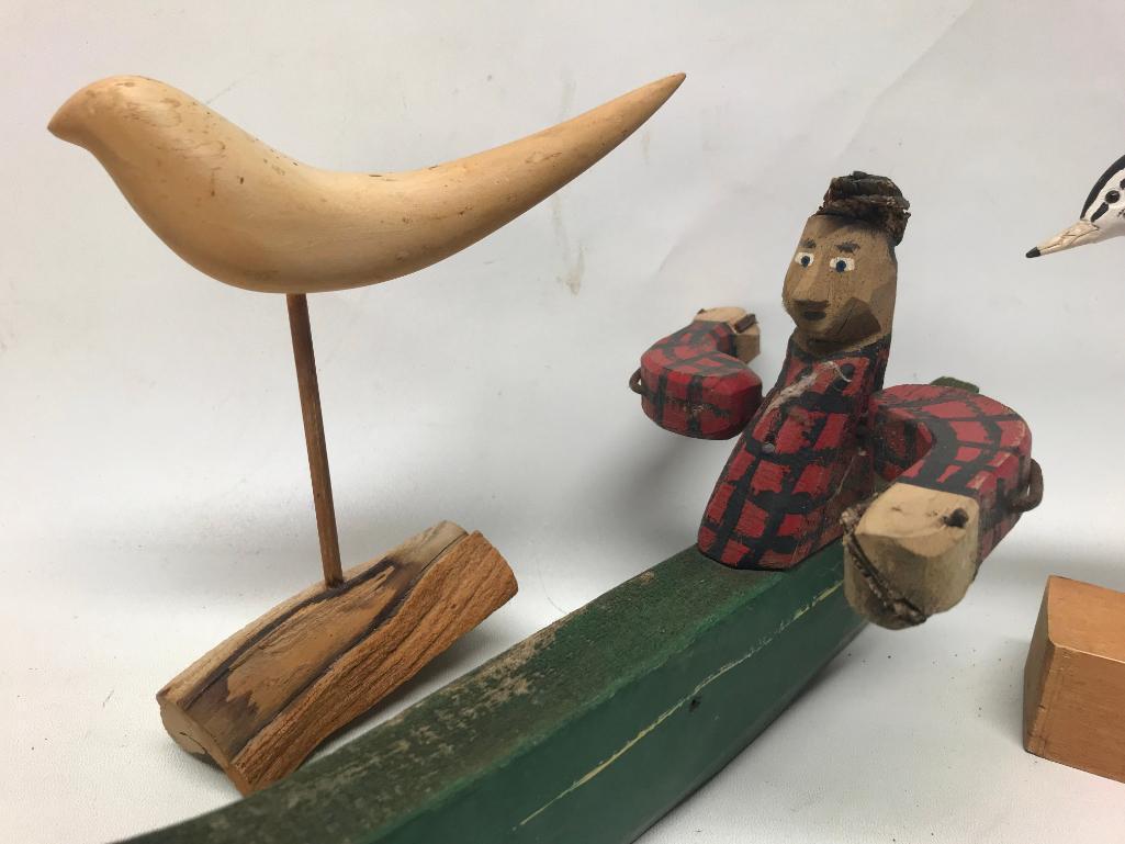 (2) Wooden Shore Birds & Folk Art Man In Canoe