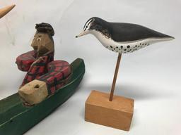 (2) Wooden Shore Birds & Folk Art Man In Canoe