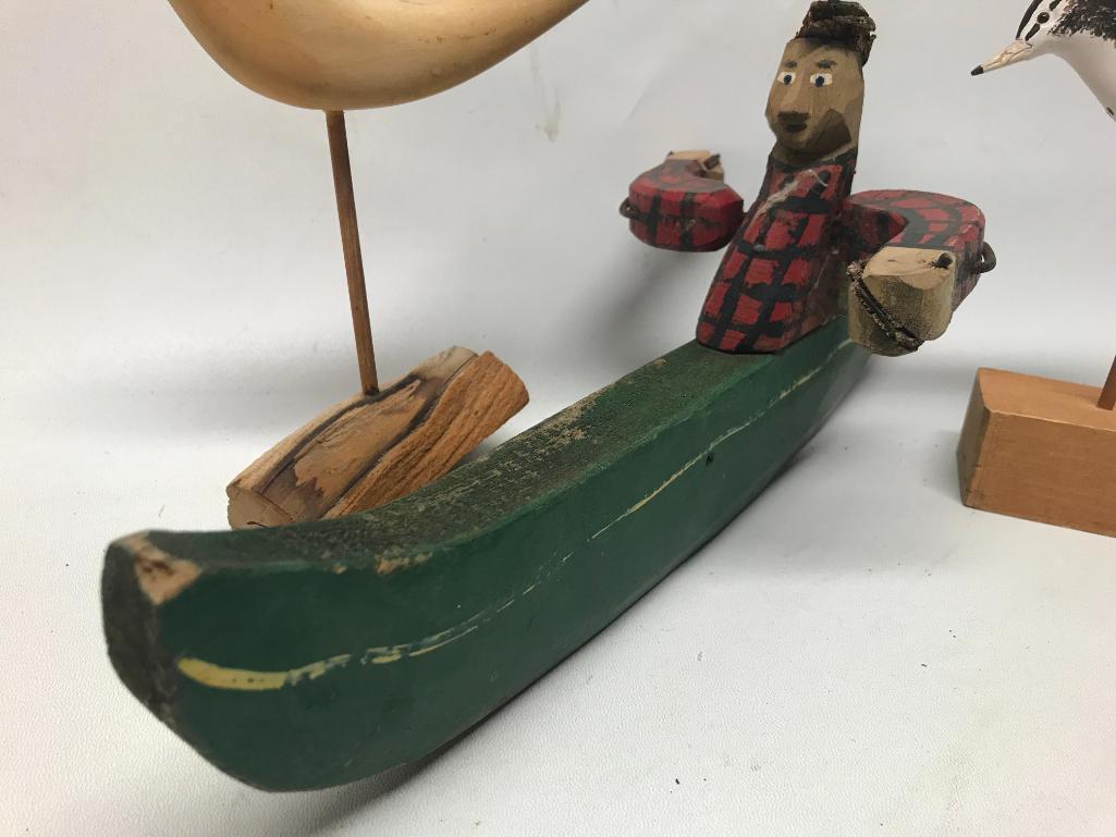 (2) Wooden Shore Birds & Folk Art Man In Canoe