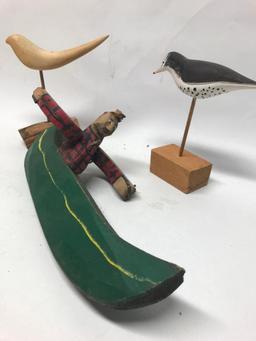 (2) Wooden Shore Birds & Folk Art Man In Canoe