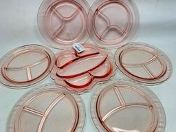 (5) Vintage Pink Depression Divided Plates + (1) Serving Tray