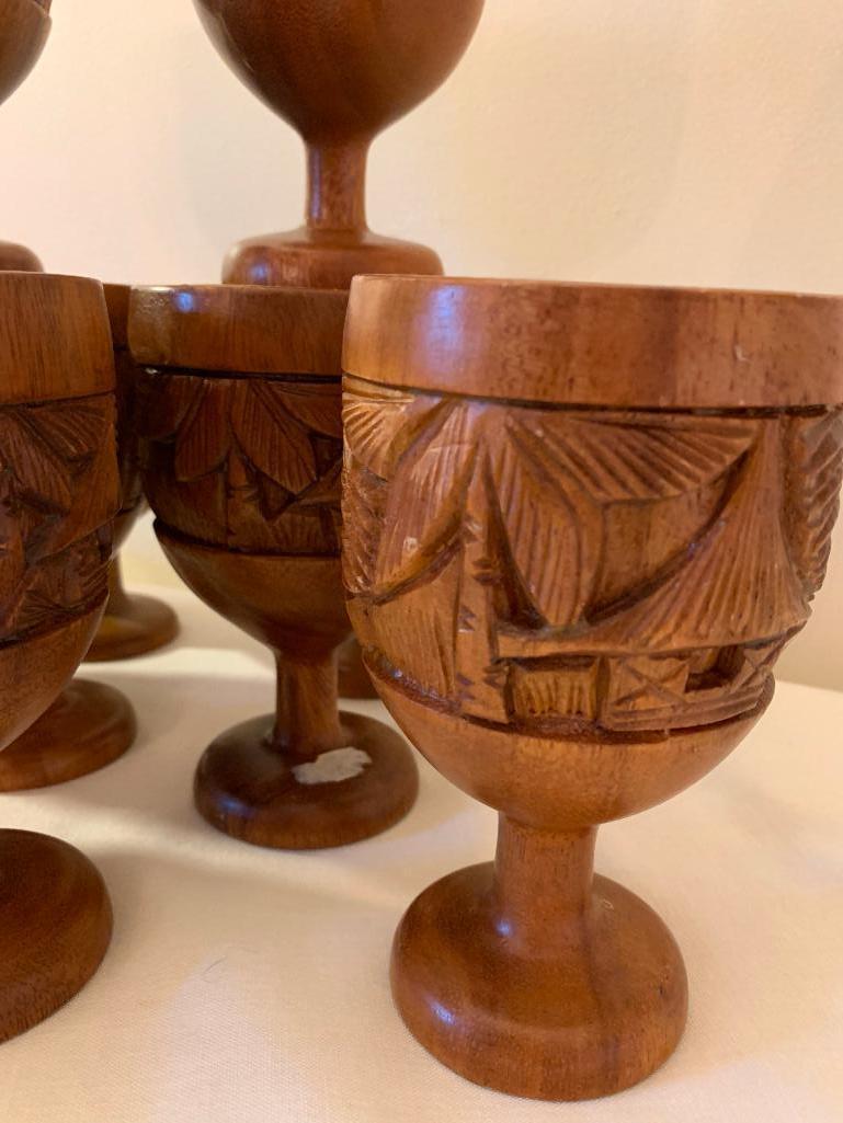 (12) Monkey Pod Wood Glasses & Tray