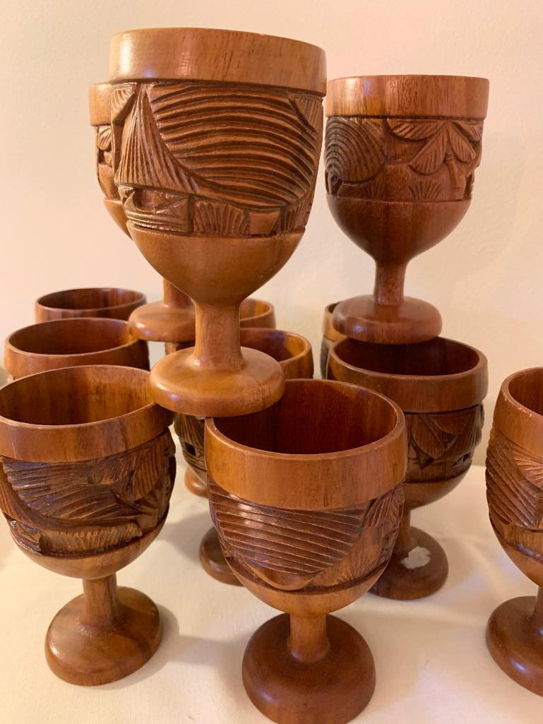 (12) Monkey Pod Wood Glasses & Tray