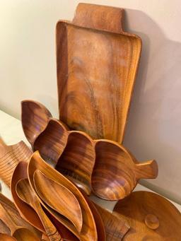 Group Of Monkey Pod Wood Serving Trays & Misc. Items