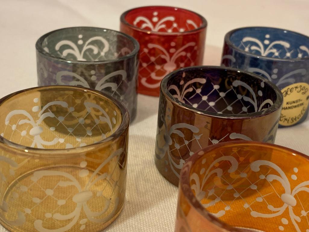 (6) Etched Multi-Colored Bohemian Napkin Rings