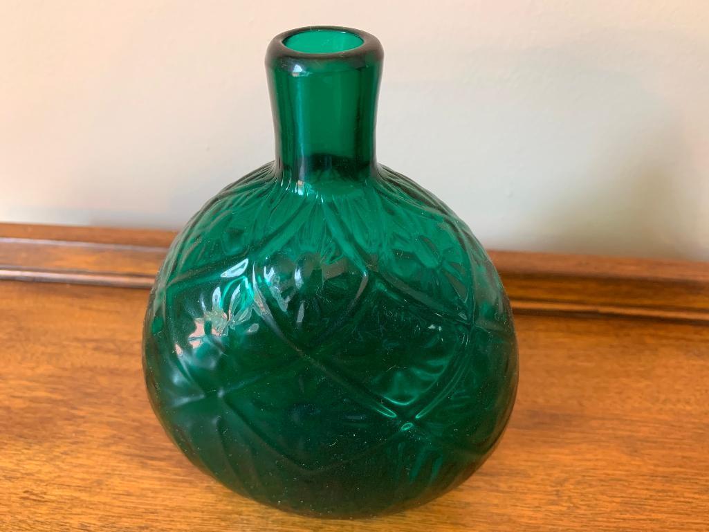 Embossed Design Green Glass Bottle Is Hand Blown