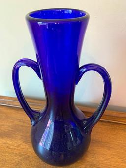 Cobalt Double-Handled Glass Vase Is Hand Blown