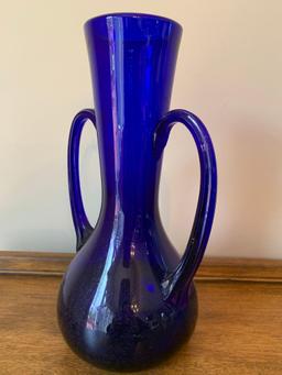 Cobalt Double-Handled Glass Vase Is Hand Blown