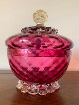 Amethyst Victorian Art Glass Lidded Bowl W/Applied Finial & Base In Diamond Quilted Pattern