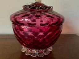 Amethyst Victorian Art Glass Lidded Bowl W/Applied Finial & Base In Diamond Quilted Pattern