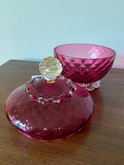 Amethyst Victorian Art Glass Lidded Bowl W/Applied Finial & Base In Diamond Quilted Pattern