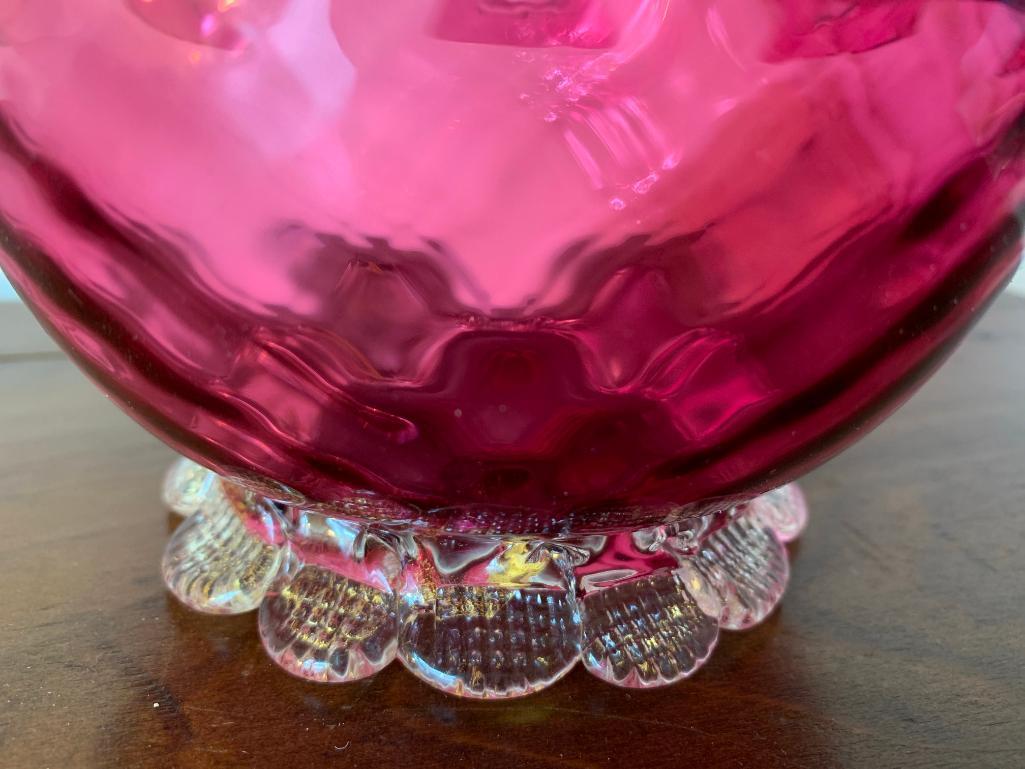Amethyst Victorian Art Glass Lidded Bowl W/Applied Finial & Base In Diamond Quilted Pattern