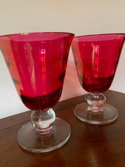 Matching Vintage Glass Vases W/Clear Bases & Cranberry Tops