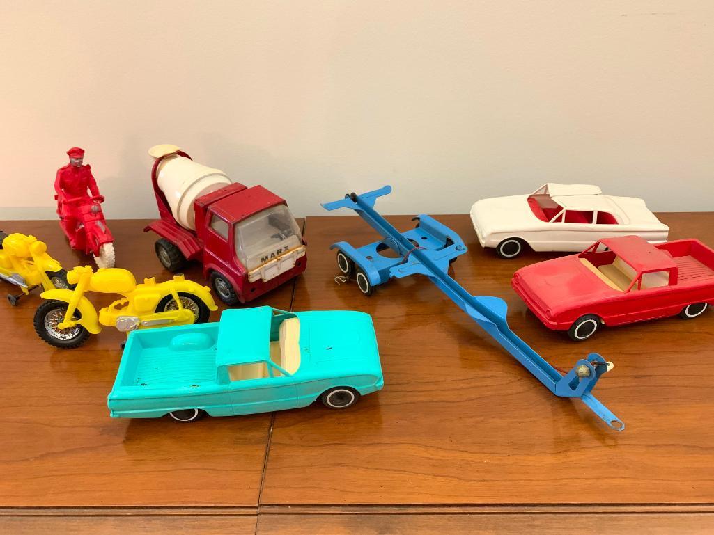 Vintage Marx Cement Truck, (3) Plastic Cars, Boat Trailer, & Auburn Motorcycle