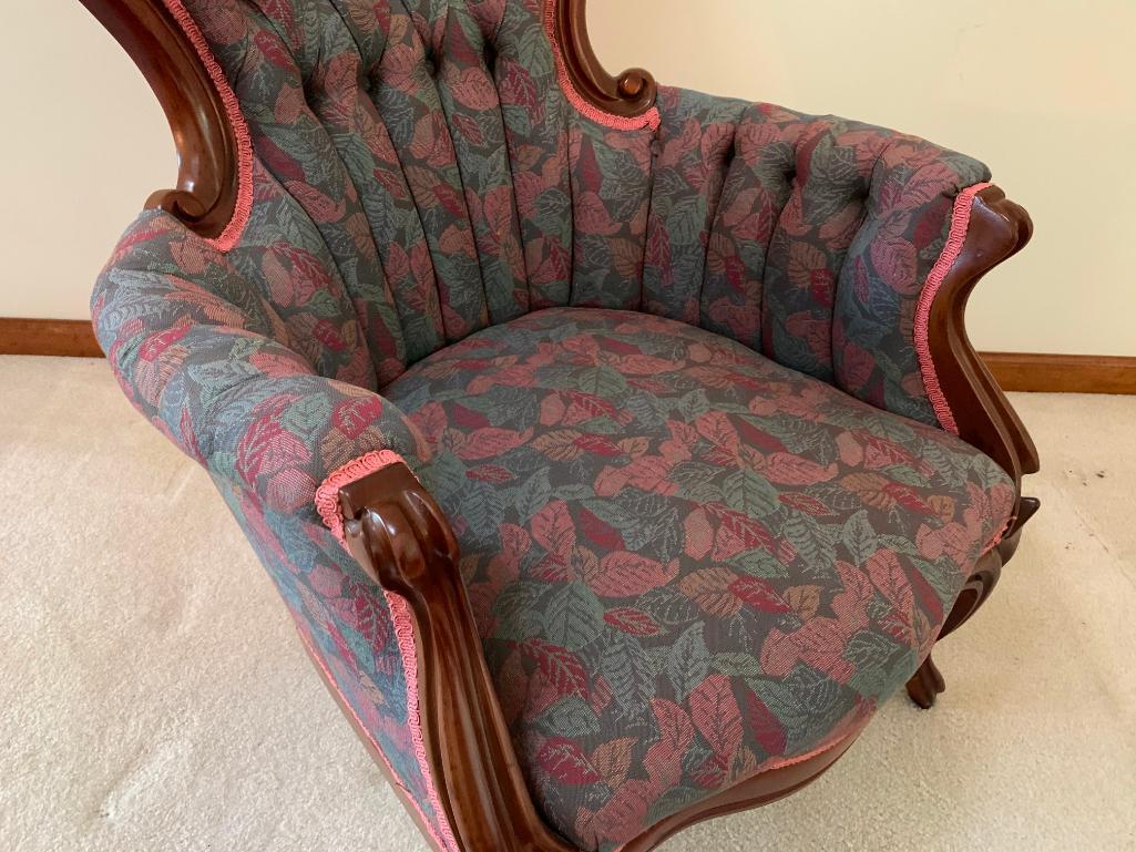 Victorian Style Solid Mahogany Arm Chair W/Carved "Roses" Crest & Tufted Back