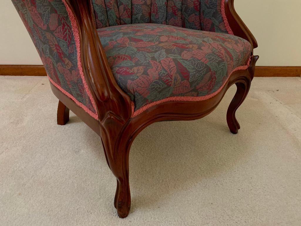 Victorian Style Solid Mahogany Arm Chair W/Carved "Roses" Crest & Tufted Back