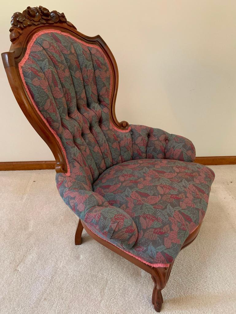 Victorian Style Solid Mahogany Arm Chair W/Carved "Roses" Crest & Tufted Back