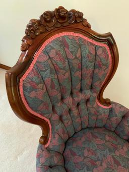 Victorian Style Solid Mahogany Arm Chair W/Carved "Roses" Crest & Tufted Back