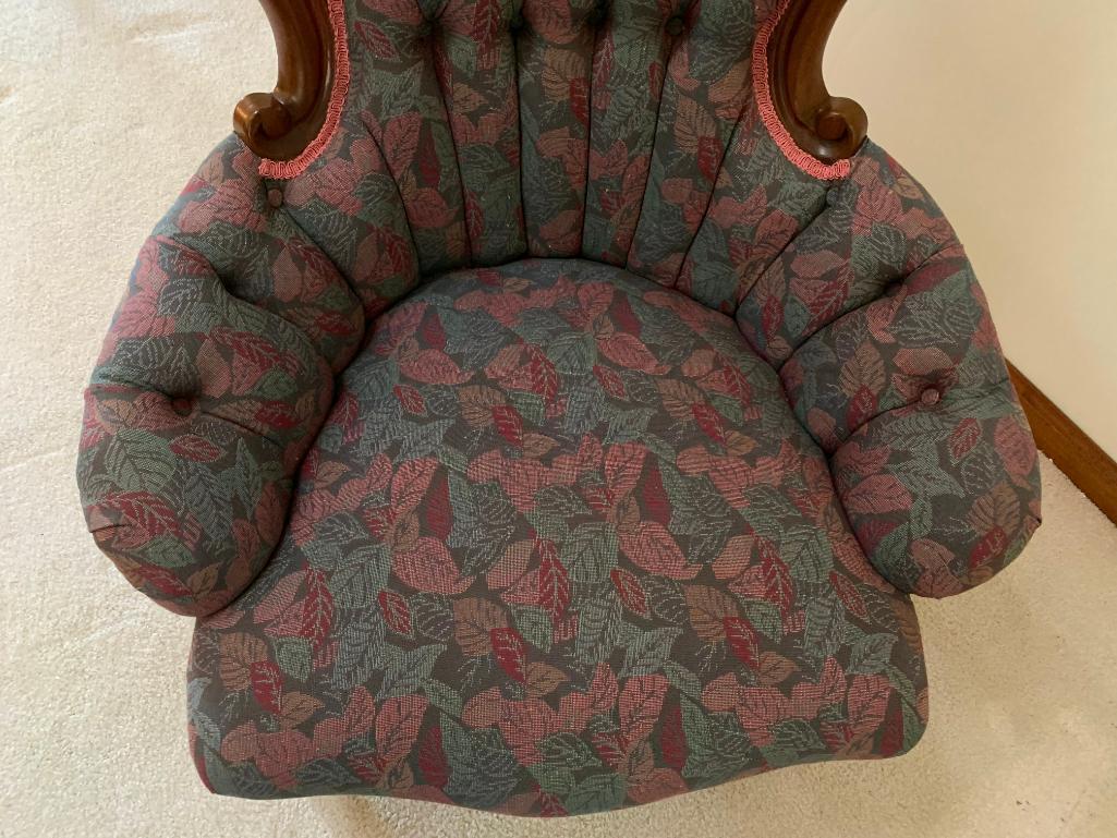 Victorian Style Solid Mahogany Arm Chair W/Carved "Roses" Crest & Tufted Back