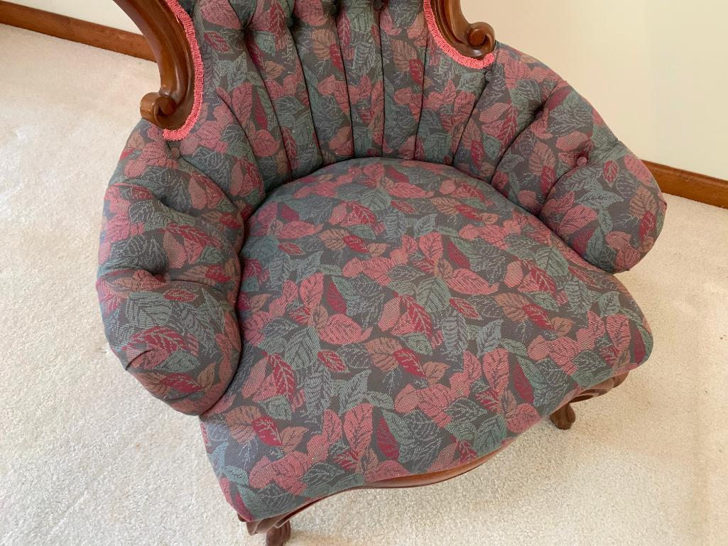 Victorian Style Solid Mahogany Arm Chair W/Carved "Roses" Crest & Tufted Back