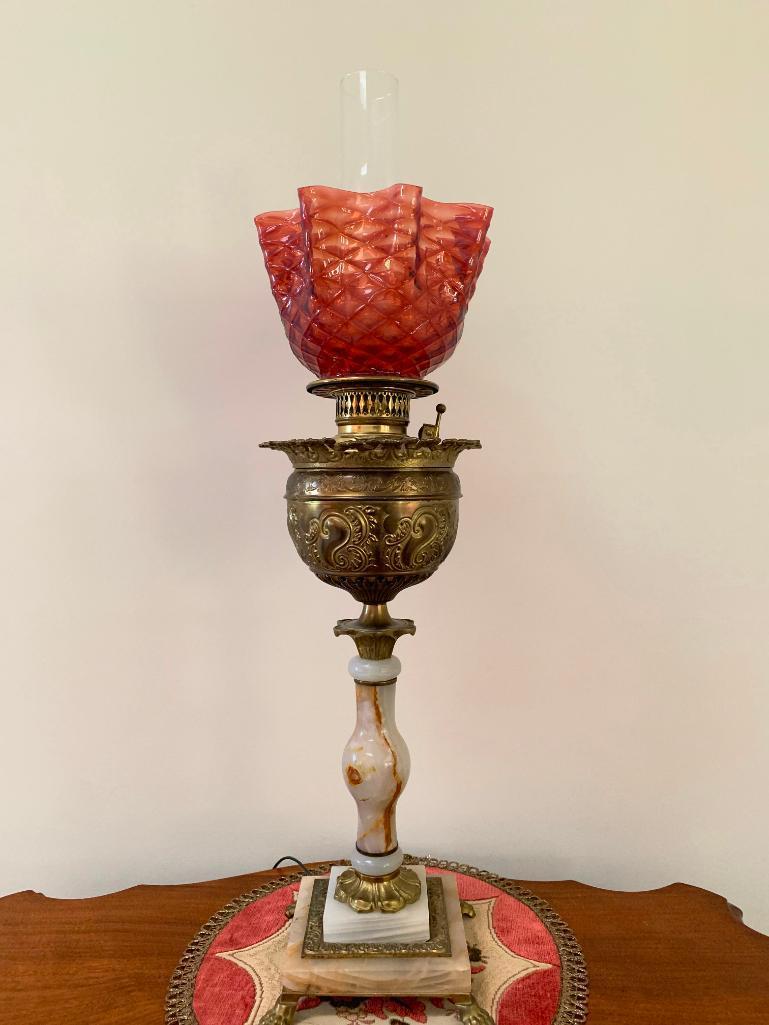 Impressive Marble & Embossed Brass Banquet Lamp W/Cranberry Shade