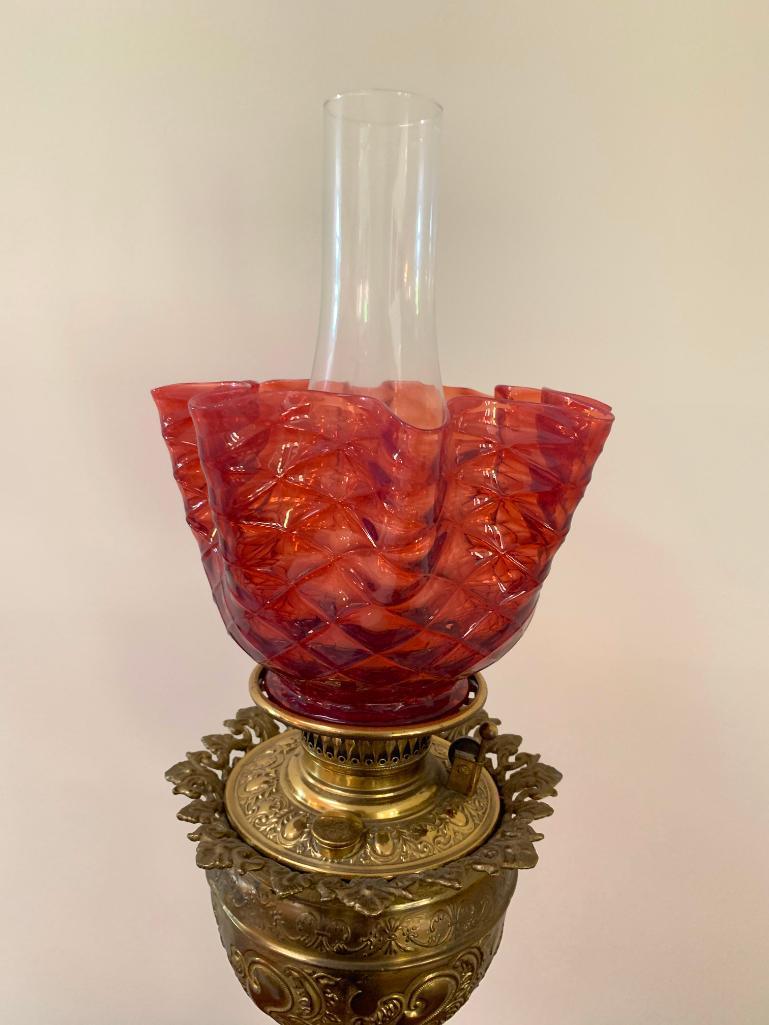 Impressive Marble & Embossed Brass Banquet Lamp W/Cranberry Shade