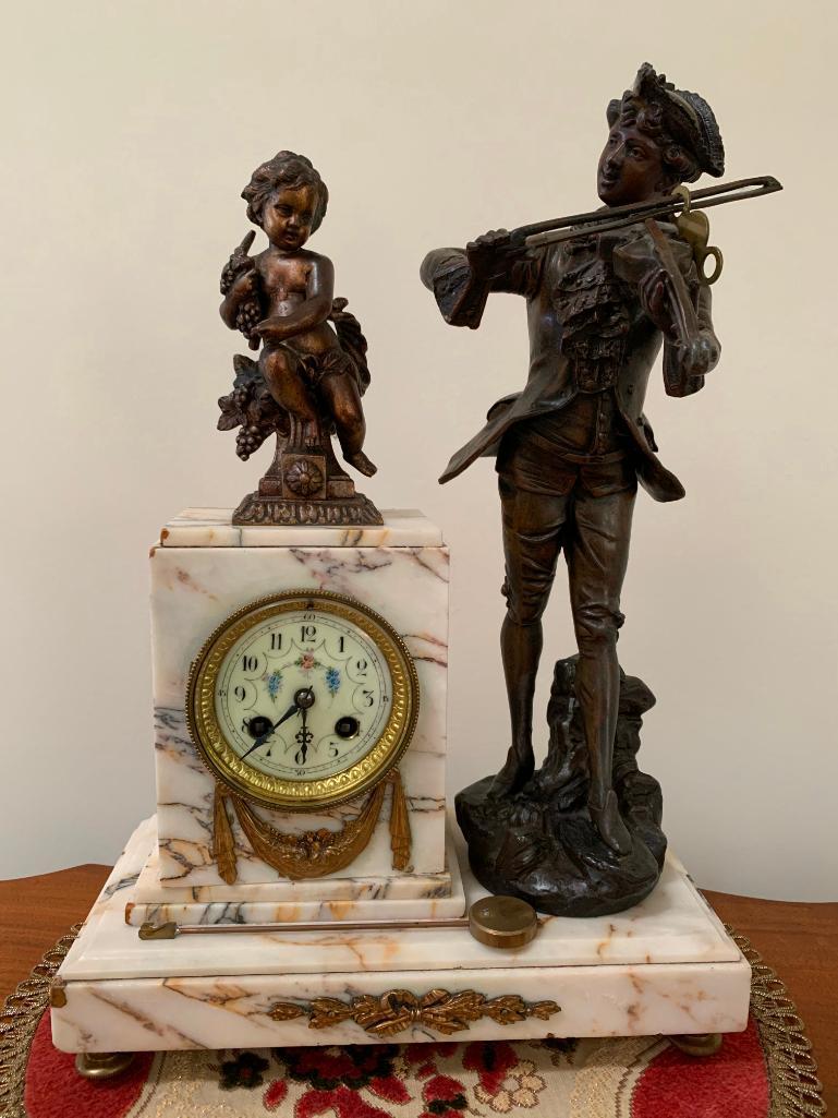 "E.M. Paris" Antique Marble Clock W/Bronze Figures