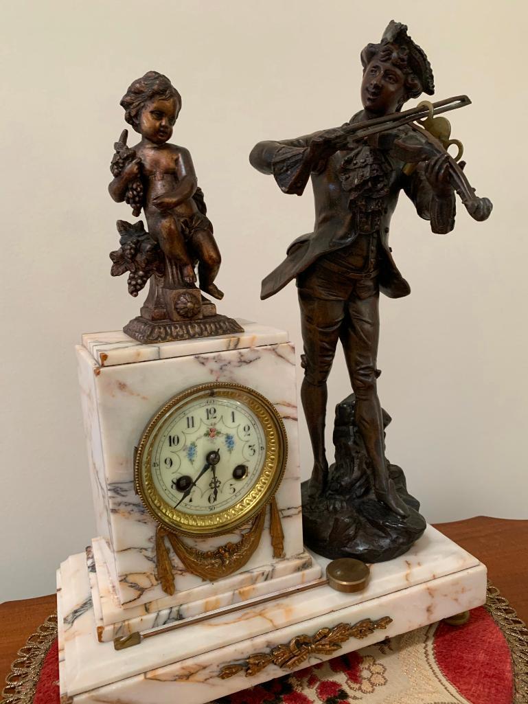 "E.M. Paris" Antique Marble Clock W/Bronze Figures