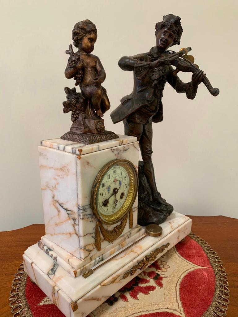 "E.M. Paris" Antique Marble Clock W/Bronze Figures