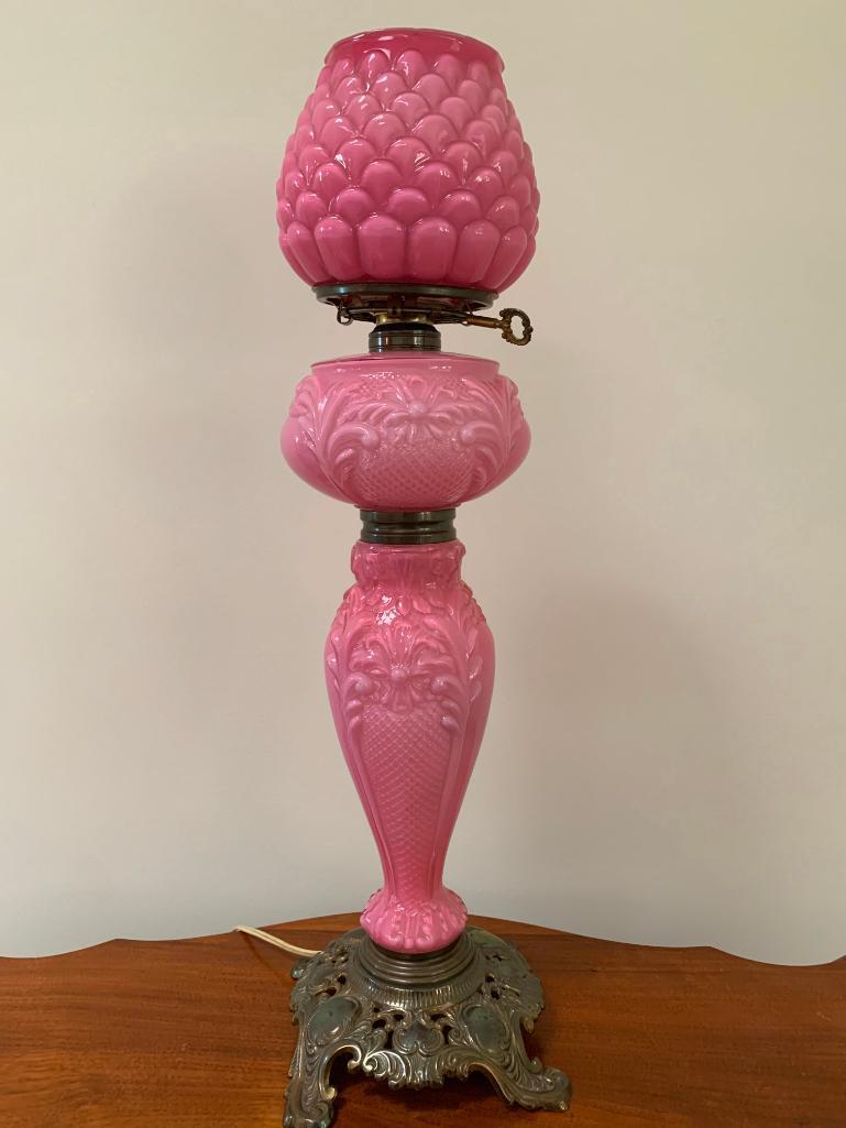 Victorian Embossed Pink Opaline Glass Parlor Lamp