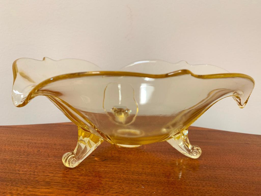 Depression Yellow Glass 3-Footed Bowl