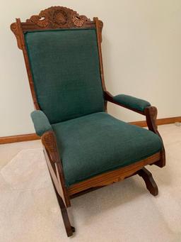 Victorian Walnut Base Rocker W/Upholstered Seat, Back, & Arms