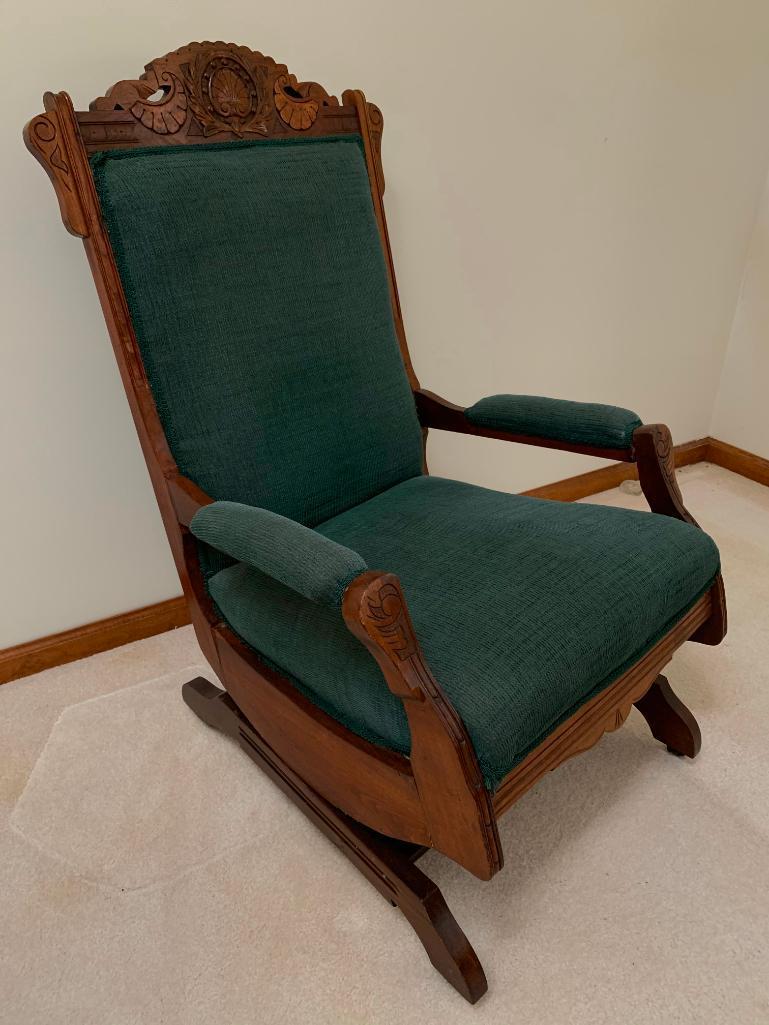 Victorian Walnut Base Rocker W/Upholstered Seat, Back, & Arms