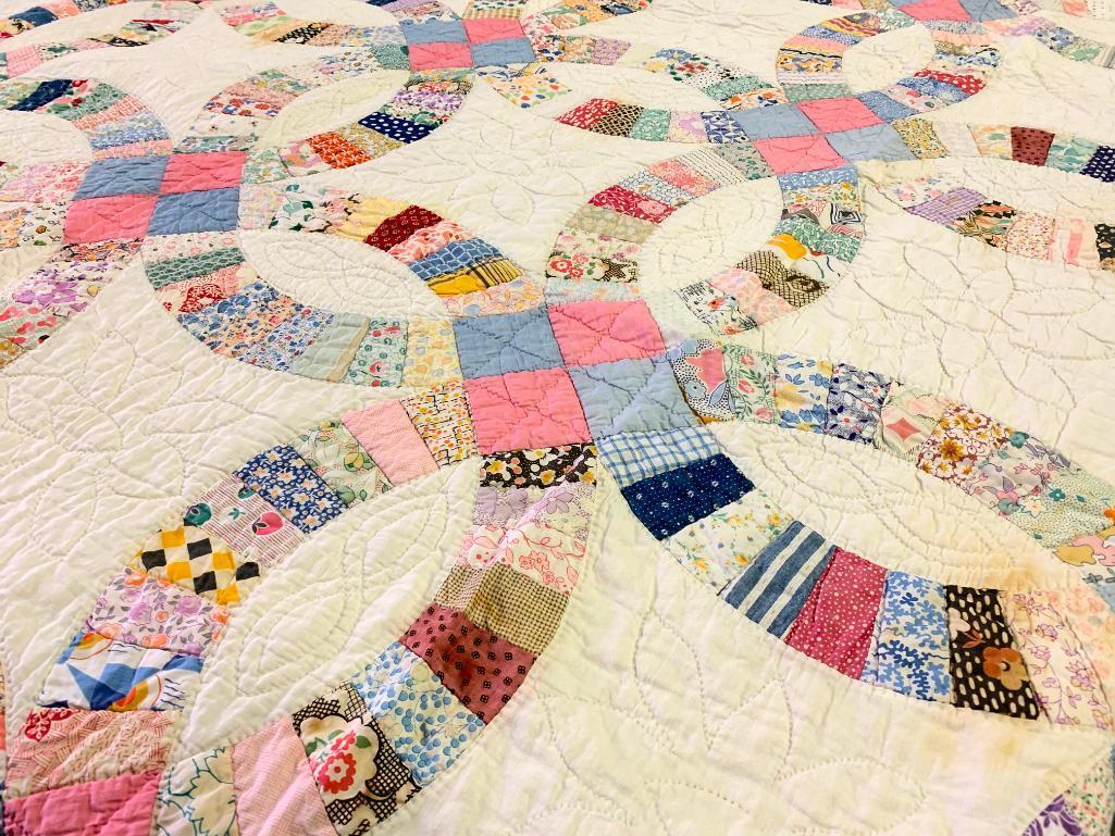 Vintage Hand Stitched Quilt In "Double Wedding Ring" Pattern